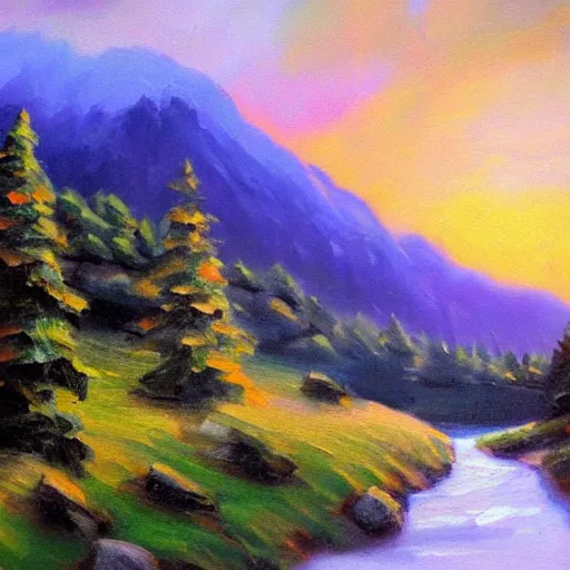 Prompt: beautiful mountain and trees, oil painting, concept art, sunrise,