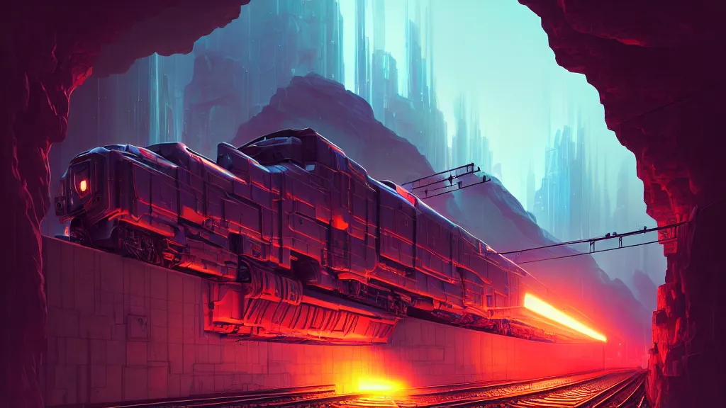 Prompt: cyberpunk locomotive on railroad through underground caverns. digital render. digital painting. beeple. noah bradley. cyril roland. ross tran. trending on artstation.