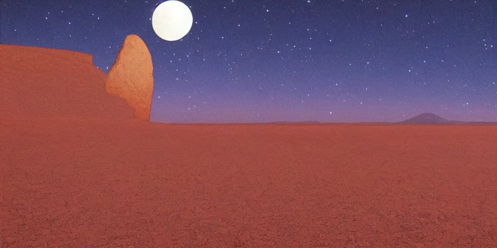 Image similar to a vast desert landscape at night. a statue of a giant head in the distance. moebius.