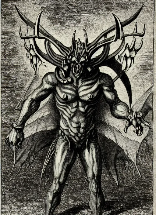 Image similar to illustration of greymon as a demon from the dictionarre infernal, etching by louis le breton, 1 8 6 9, 1 2 0 0 dpi scan, ultrasharp detail, clean scan