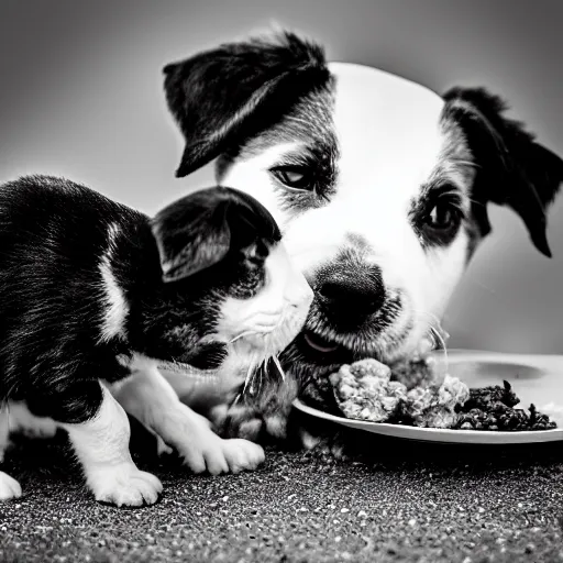 Prompt: black and white photography of a puppie sharing his meal with a small baby cat, animal photography, award winning photography by Leonardo Espina