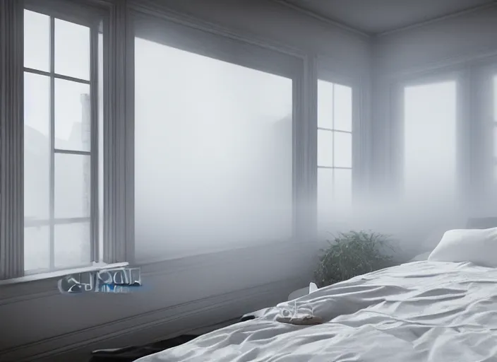 Prompt: photography of a Jack Russel watching outside the window on a bed in a 3d rendered white room, octane render, 3d, foggy, volumetric light, volumetric fog, photorealistic, unreal engine 5