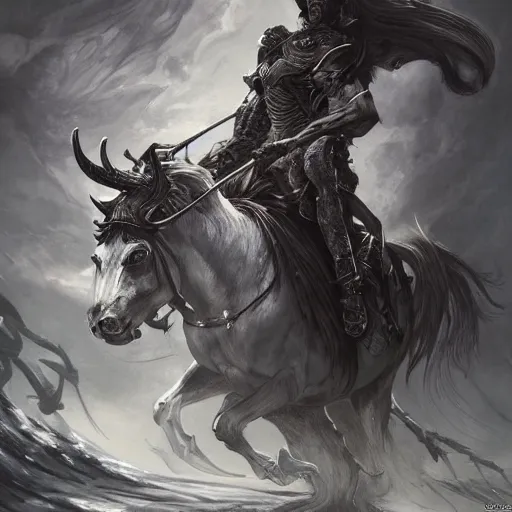 Image similar to concept art by artgerm, death of the four horsemen of the apocalypse, soft grey and blue natural light, intricate, queen of death riding, highly detailed dark art, digital painting, artstation, concept art, smooth, sharp focus, illustration, art by greg rutkowski and luis rollo and uang guangjian and gil elvgren, symmetry!