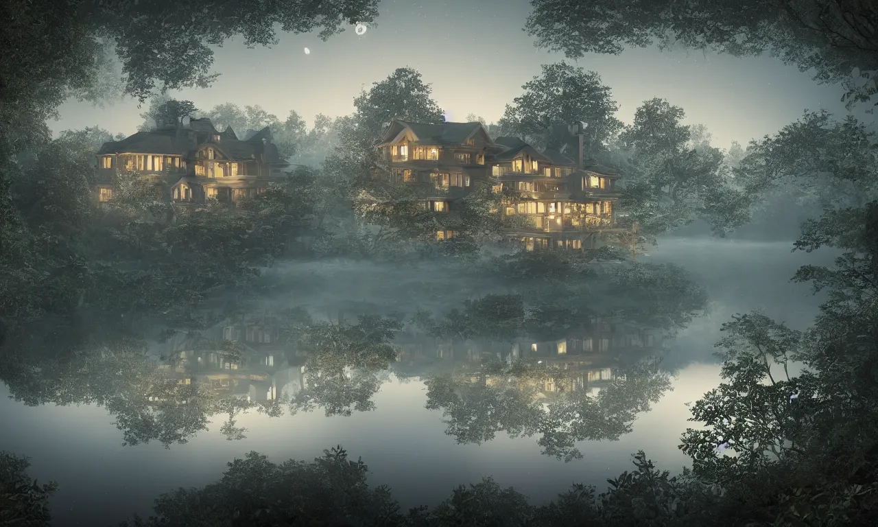 Prompt: a stunning lake house, beautiful lake in the foreground, moonlit night dreamy atmosphere, highly detailed twigs and plants in the forest, bioluminiscent butterflies in the fog in a bokeh background, deep colors, photorealistic digital arts, cinematic, smooth, artstation, 8K