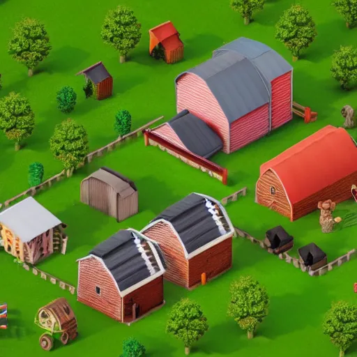 Prompt: isometric farm and village render