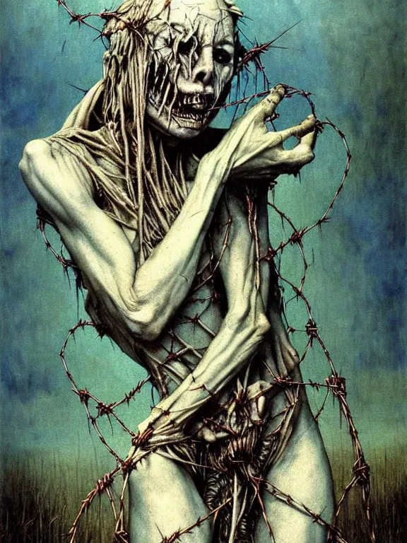 Prompt: A creepy white-linen-dressed horned fanged demon woman with blue scarred skin wrapped in barbed wire. Extremely high detail, realistic, fantasy art, solo, bones, masterpiece, saturated colors, tangled, ripped flesh, art by Zdzisław Beksiński, Arthur Rackham, Dariusz Zawadzki