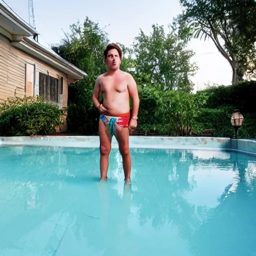 Prompt: emilio estevez standing above the water of a pool next to a house