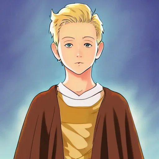 Prompt: blonde boy with golden eyes wearing a brown cape and flying in t pose, in the style of studio ghibli, artgerm