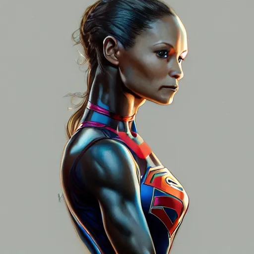 Image similar to full figure ultra realistic illustration, thandie newton as demonic supergirl, intricate, elegant, highly detailed, digital painting, artstation, concept art, smooth, sharp focus, illustration, art by artgerm and greg rutkowski and alphonse mucha