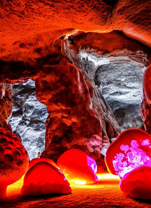 Image similar to photo of cave with giant crystals glowing and giant red mushrooms, realistic, sharp focus, 8 k high definition, insanely detailed, intricate, elegant