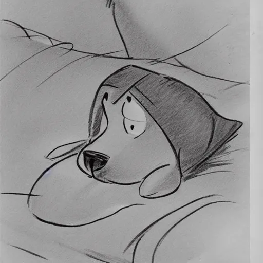 Prompt: milt kahl sketch of a puppy wearing a night cap in bed