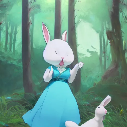 Image similar to concept art painting of a chubby white rabbit wearing a turquoise dress, in the deep forest, realistic, detailed, cel shaded, in the style of makoto shinkai and greg rutkowski and james gurney