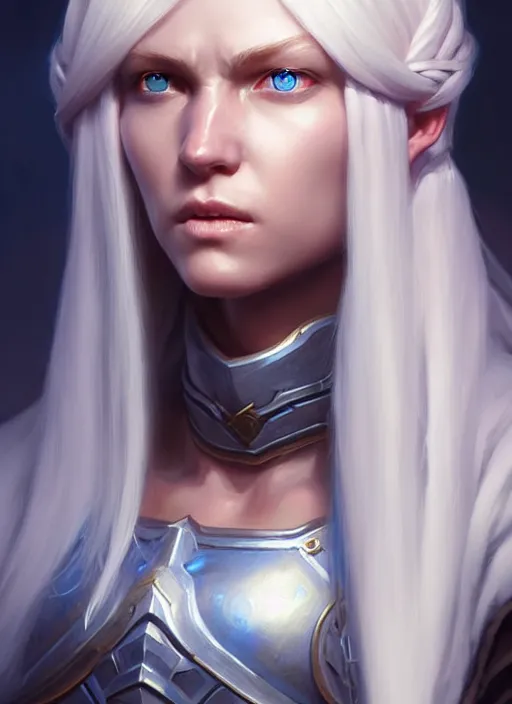 Image similar to a fantasy style portrait painting of shy white female paladin with blonde hair and blue eyes shy scarred left eye, holy oil painting unreal 5 daz. rpg portrait extremely detailed artgerm greg rutkowski _ greg