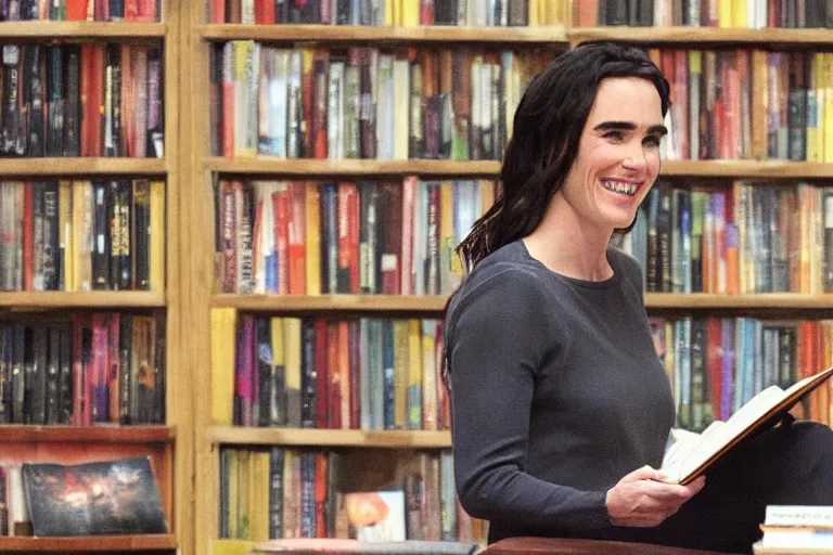 Prompt: jennifer connelly smiling and reading a book in a bookshop, sketching, muted tones, storyboard