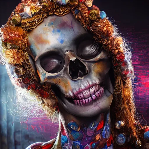 Image similar to full body pose, hyperrealistic mixed media painting of gorgeous skull woman, dim volumetric lighting, 8 k, octane beautifully detailed render, extremely hyper detailed, intricate, epic composition, cinematic lighting, masterpiece, trending on artstation, very very detailed, masterpiece, stunning, hdr, smooth, sharp focus, high resolution, award, winning photo, dslr, 5 0 mm