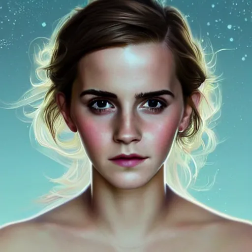 Image similar to dream portrait of Emma Watson, dreamy and ethereal, expressive pose, big pink eyes, exciting expression, fantasy, intricate, elegant, many rainbow bubbles, rose tones, highly detailed, digital painting, artstation, concept art,cyberpunk wearing, smooth, sharp focus, illustration, art by artgerm and greg rutkowskiand alphonse mucha,Salvador Dali.