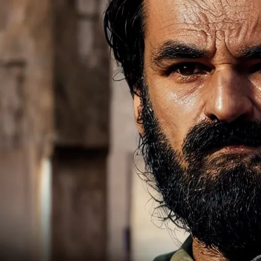 Image similar to close-up of a Kurdish detective in a movie directed by Christopher Nolan, movie still frame, promotional image, imax 70 mm footage