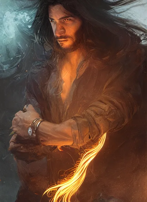 Image similar to portrait of a man with long black hair in brown rags holding a glowing device, fantasy, digital painting, volumetric light, intricate, sharp, focus, bloom, illustration, highly detailed, concept art, matte, ruan jia, randy vargas, greg rutkowski