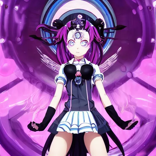 Image similar to stunningly beautiful omnipotent megalomaniacal anime asi goddess who looks like junko enoshima with symmetrical perfect face and porcelain skin, pink twintail hair and cyan eyes, traps you inside her inescapable full - dive vr prison where she controls you completely!!!, hyperdetailed, digital art from danganronpa, unreal engine 5, 8 k
