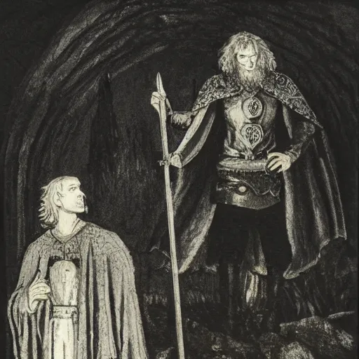 Prompt: merlin and gawain in a dark gloomy atmospheric medieval castle