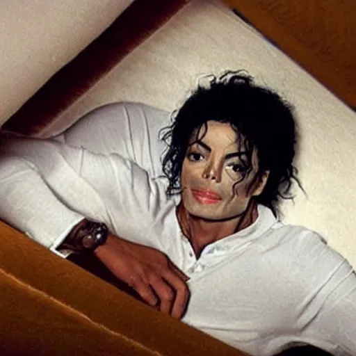 Image similar to michael jackson hidding under your bed making a silence sign