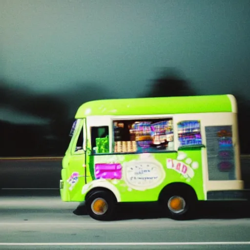 Prompt: an ice cream truck driving on the road at night with green headlights, Film Washi 'W', old photo