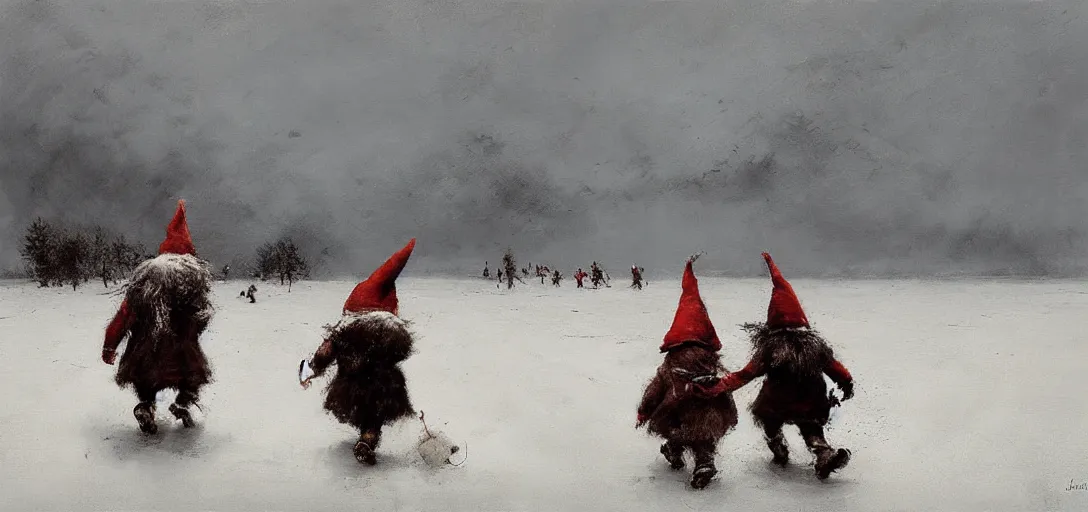 Image similar to two gnomes running from a monster, snowy fields, painting by jakub rozalski,