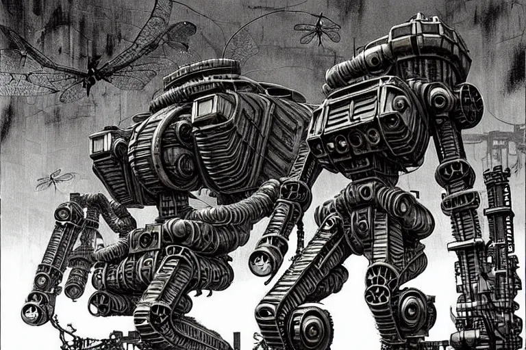 Image similar to dieselpunk mechs in shape of dragonfly that look like Dragonfly, inside an gigantic underground concrete doom hangar, interior structure, drains, storm drains, jungle, vines, algea, cables, panels, walls, ceiling, floor, doors, brutalist architecture, intricate ink drawing, highly detailed in the style of Ashley Wood, moebius and Tsutomu Nihei, photorealistic, cinematic, intricate detail, well lit,