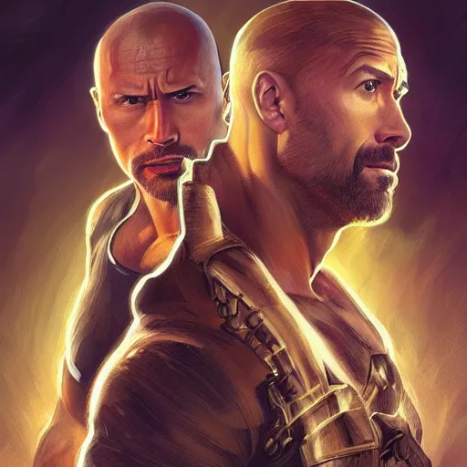 Image similar to Dwayne Johnson and Ryan Gosling Save the World, fantasy, intricate, elegant, highly detailed, digital painting, artstation, concept art, smooth, sharp focus, illustration, art by artgerm and greg rutkowski and alphonse mucha