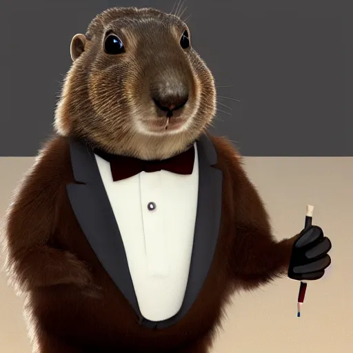 Image similar to brown marmot in a tuxedo while holding a pencil looks to the camera, pixar character, digital art, 3 d rendered in octane, blender, maya, shadows, lighting, cute