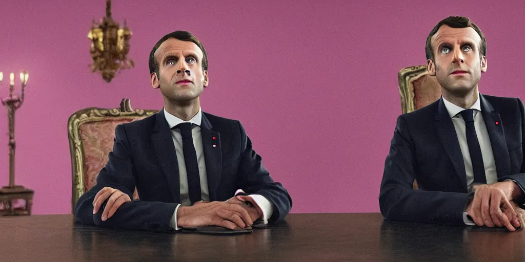 Prompt: still of Emmanuel Macron in The Grand Budapest Hotel (2014), cinematic