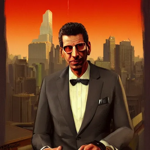 Image similar to Portrait of a Jeff Goldblum in a grand theft auto 5 loading screen , art by Albert Bierstadt and James Gurney, highly detailed, digital painting, matte painting, concept art, illustration, oppressive lighting, trending on artstation, very detailed