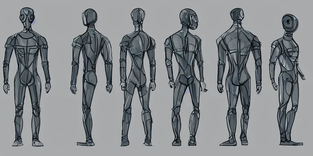 Image similar to male, elongated figure, space suit, sketch, large shoulders, short torso, long thin legs, tiny feet, character sheet, very stylized, illustration, watercolor shading,