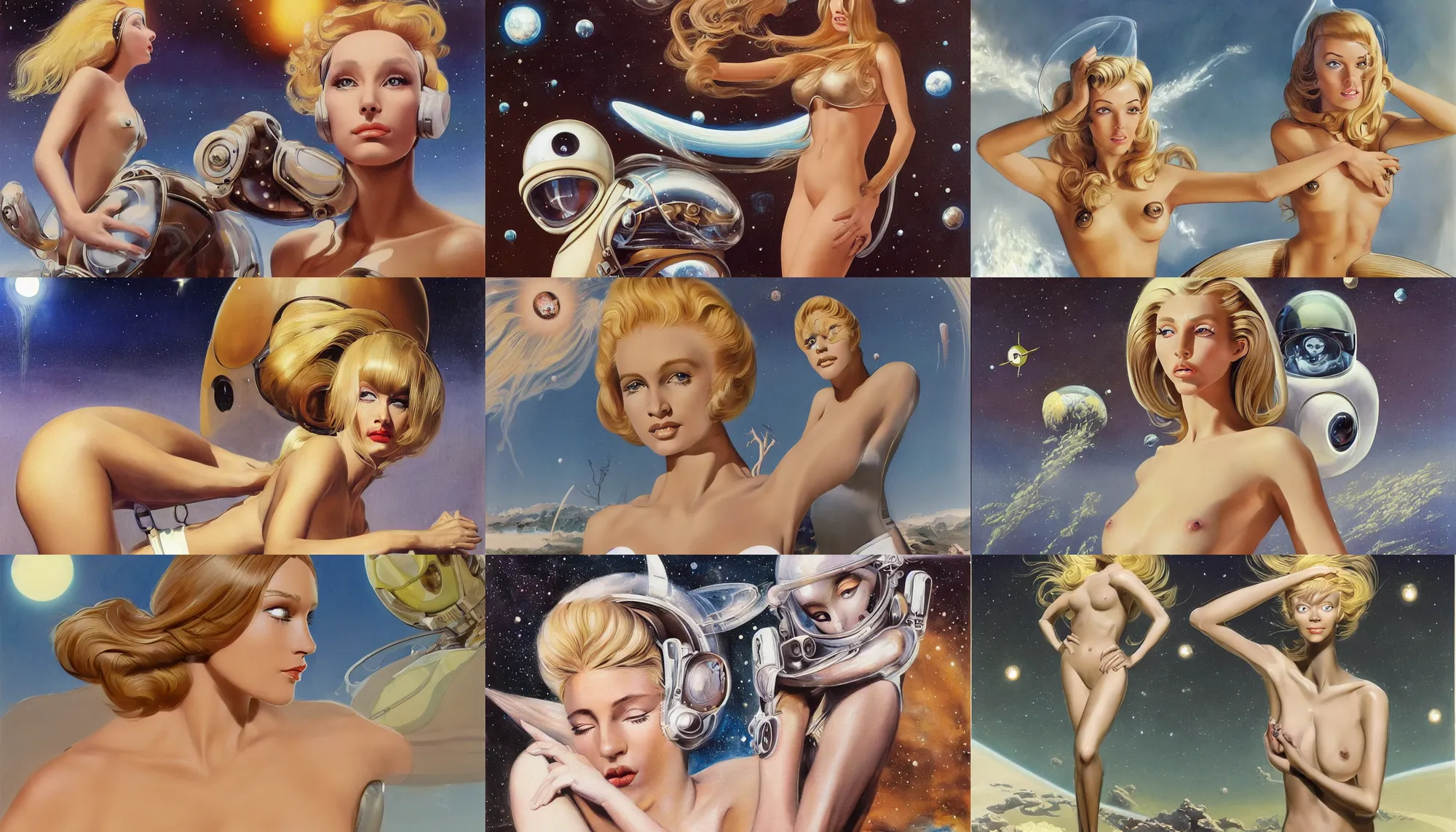 Prompt: A mixed media painting of a very beautiful light-brown-hair / blonde woman on an alien environment, elegant, aesthetic!!! symmetrical face and eyes, piercing gaze, photorealistic, model, futuristic white-space-bikini, 60's cartoon-space helmet, eighties pinup style, by Frank Frazetta, Boris Vallejo, Donato Giancola, Beeple, Greg Rutkowski, Christian MacNevin, epic fantasy character art, full length, high fantasy, starship-troopers, CGsociety, exquisite detail, post-processing, masterpiece, cinematic