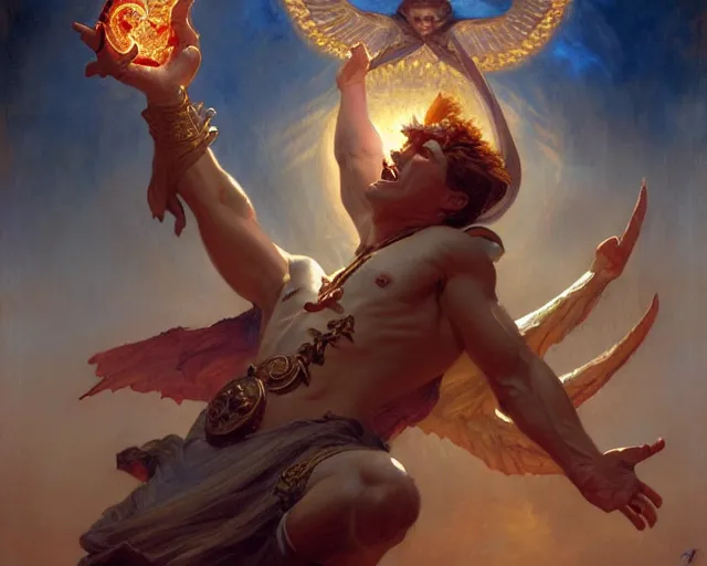 Image similar to attractive male deity, casting demonic magic, summoning handsome lucifer morning star. highly detailed painting by gaston bussiere, craig mullins, j. c. leyendecker 8 k