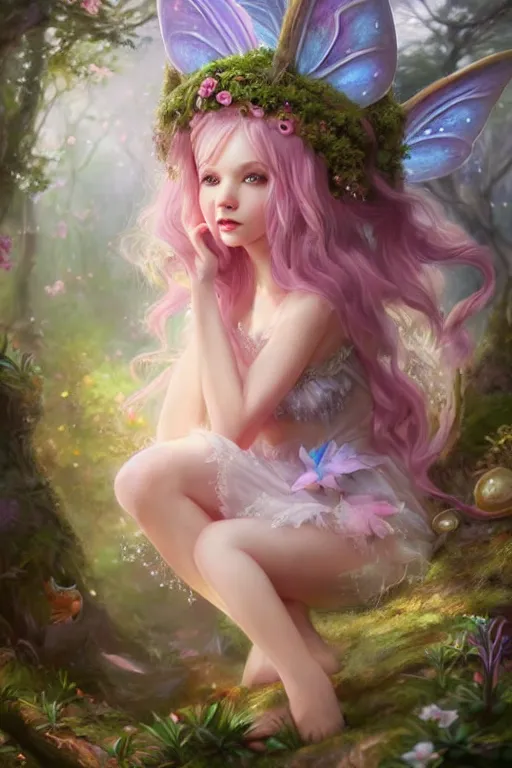 Image similar to a cute fairy in the dreamy forest, fantasy, 8 k resolution, hyper detailed, d & d, character design, digital painting, trending on artstation, sharp focus, illustration, art by artgerm, steve zheng, fuji choko, viktoria gavrilenko, hoang lap