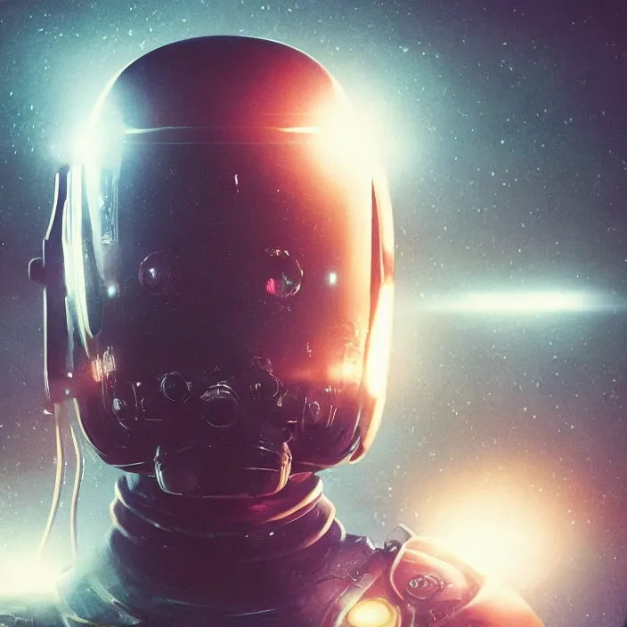 Image similar to portrait art of 8k ultra realistic retro futuristic astronaut helmet, lens flare, atmosphere, glow, detailed,intricate,blade runner, cybernetic, full of colour, cinematic lighting, trending on artstation, 4k, hyperrealistic, focused, extreme details,unreal engine 5, cinematic, masterpiece, art by ayami kojima, giger