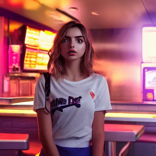 Image similar to ana de armas portrait working in a fast food restaurant, in a cinematic cyberpunk style photorealistic, soft neon light, 3 5 mm