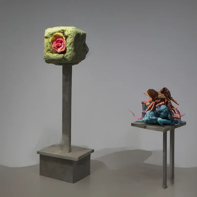 Prompt: hyperrealistic sculpture of a macaroni hermit crab dusted with rose and deep blue and hunter green spraypaint in a grid cage on a pedestal by ron mueck and duane hanson and lee bontecou, hyperrealistic dramatic colored lighting trending on artstation 8 k