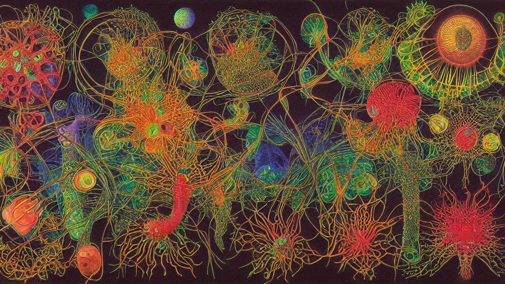 Image similar to quantum connections represented as symbiotic organisms like cells playing around with colorful lights by ernst haeckel