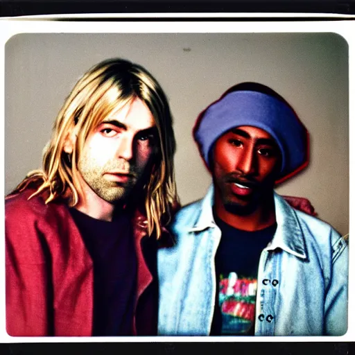 Image similar to Polaroid photograph of very Kurt Cobain!! and very Tupac Shakur!! in a club, blurry, XF IQ4, 150MP, 50mm, F1.4, ISO 200, 1/160s, Adobe Lightroom, photolab, Affinity Photo, PhotoDirector 365,