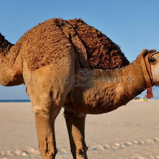 Image similar to a three legged camel at the seaside