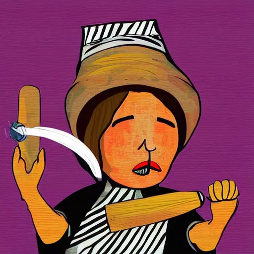 Image similar to a babushka hits a gong with a drumstick that looks like a cigarette, digital art