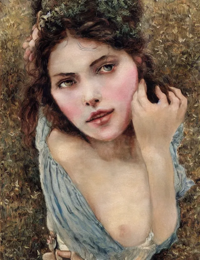 Image similar to tempting peasant girl with deep seductive décolleté looking in the camera, on a village, high angle view, portrait, Cinematic focus, Polaroid photo, vintage, neutral colors, soft lights, foggy, by Steve Hanks, by Serov Valentin, by lisa yuskavage, by Andrei Tarkovsky 8k render, detailed, oil on canvas