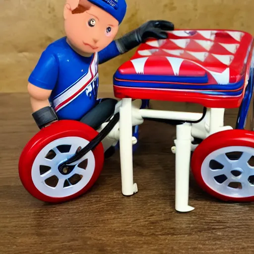 Prompt: evel knievel broken leg play set, wheelchair, crutches, by mattel, for kids, j. c. penny wish book 1 9 8 2