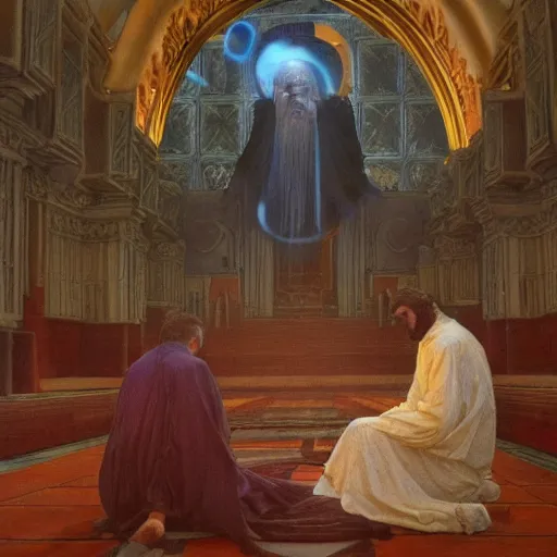 Prompt: a religious man with holes in his robes, old broken clothes, holes in a robe, holes in a religious man, annie swynnerton and nicholas roerich and jean delville, strong dramatic cinematic lighting, ornate tiled architecture, lost civilizations, smooth, sharp focus, extremely detailed