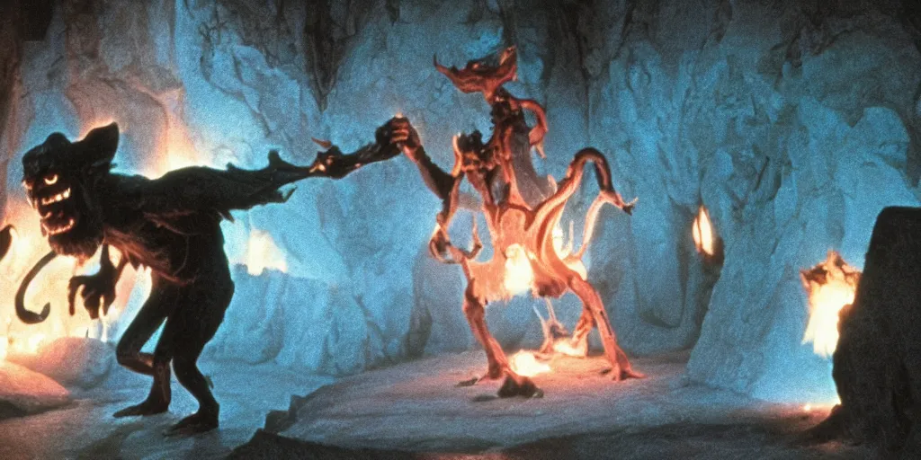 Prompt: A full color still from a Stanley Kubrick film featuring a Balrog in Moria, practical effects, 35mm, 1975