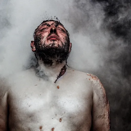 Image similar to a person bathing in boiling oil, portrait photograph