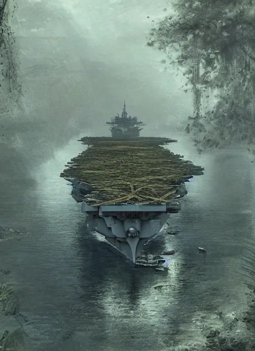 Image similar to aircraft carrier USS Nimitz overgrown with vegetation laying on the ground of a tropical forest, post appocalyptic, by Luis Royo, by Greg Rutkowski, dark, gritty, intricate, cover illustration, concept art, volumetric lighting, volumetric atmosphere, sharp focus, octane render, trending on artstation, 8k