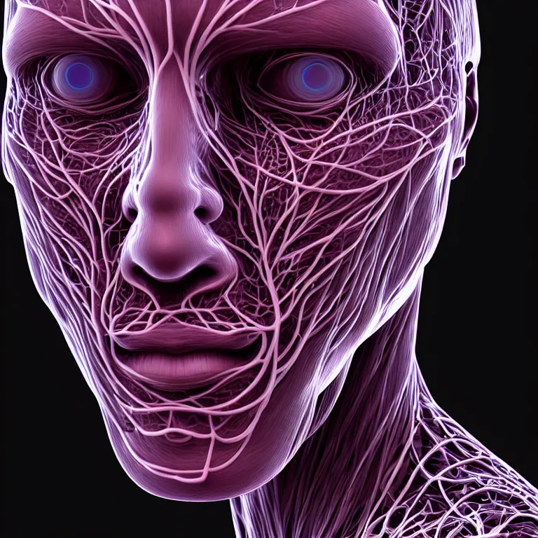 Image similar to portrait of neural nightmares, detailed face face face face, facial structure, hd, 8 k, very very very very electronic, biomechanical, biology, bio, neural machine